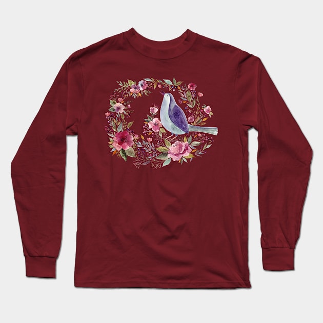 Watercolor bird and flowers Long Sleeve T-Shirt by CockyArt